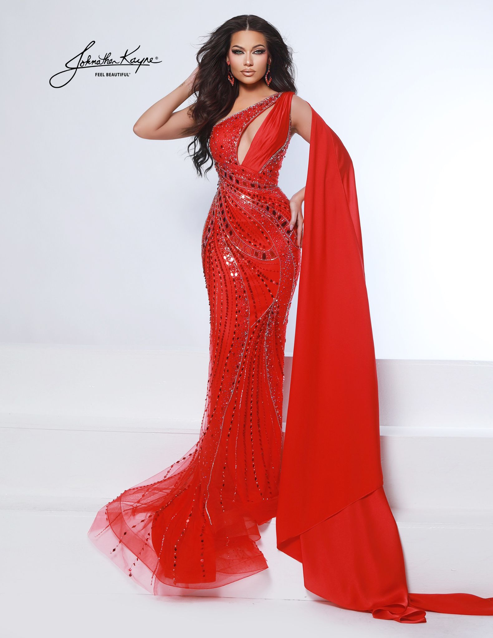 Red one-shoulder pageant gown with sequins and slit – Statement-making beaded gown with cutout neckline and dramatic cape, perfect for red carpet, homecoming court, and evening competitions.